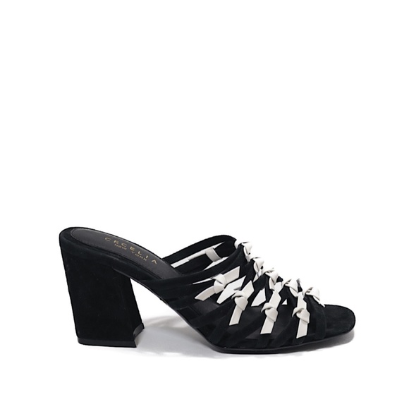 Cecelia New York Rickee Caged Black White Leather Block Heel Sandal Mules Pump 7 - Picture 2 of 10